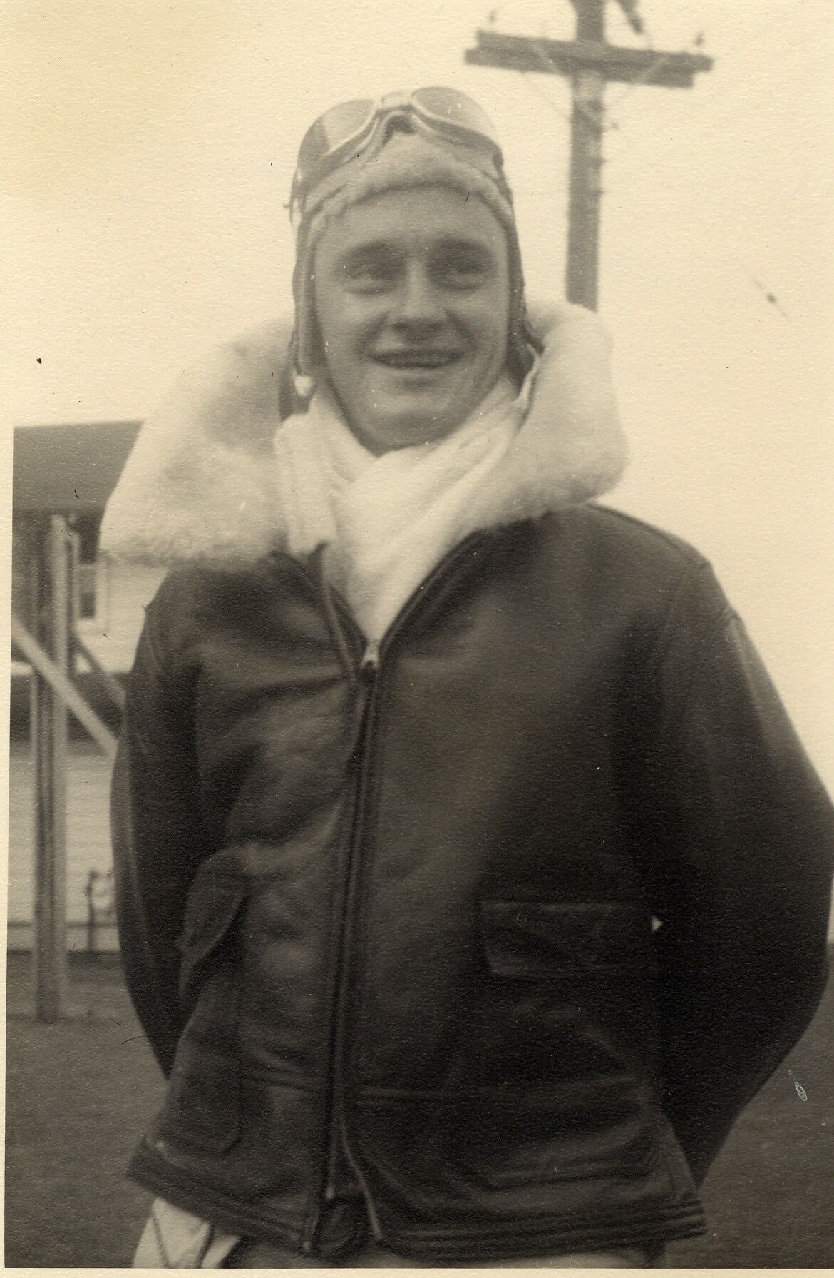 My grandfather, James Chester Roush, wearing his bombardier jacket prior to a training mission aboard the B-26 bomber he flew with the U.S. Army Air Corps