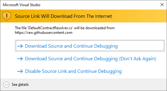 SourceLink Download warning dialog in Visual Studio 2019