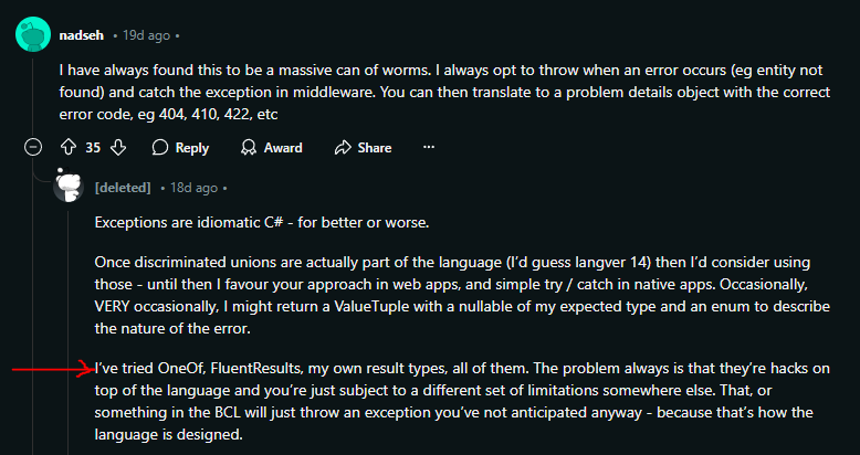 /r/dotnet user naming all of the libraries they tried to use to implement the Results pattern