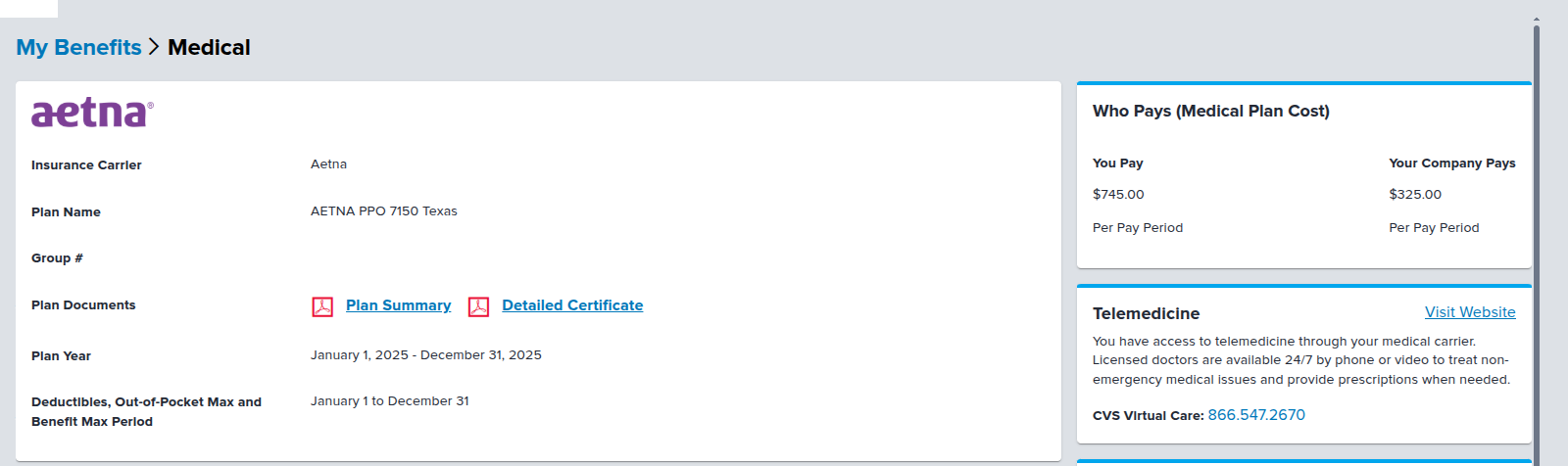 2025 Aetna per-pay period costs