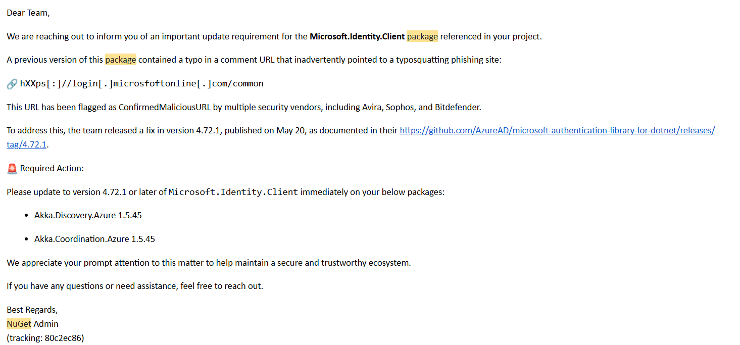 Microsoft.Identity.Client vulnerability disclosure email