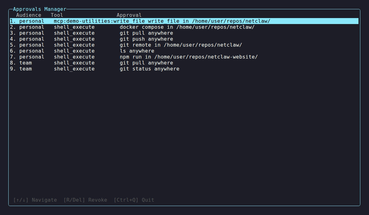 Sample `netclaw approvals` output, the TUI editor for reviewing what's been approved, for how long, and in what directories (approvals can be scoped to specific working directories.)