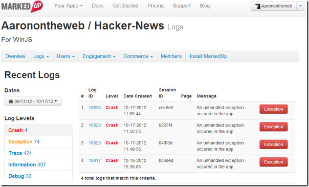 how to use MarkedUp to log and analyze crashes for WinJS and WinRT applications