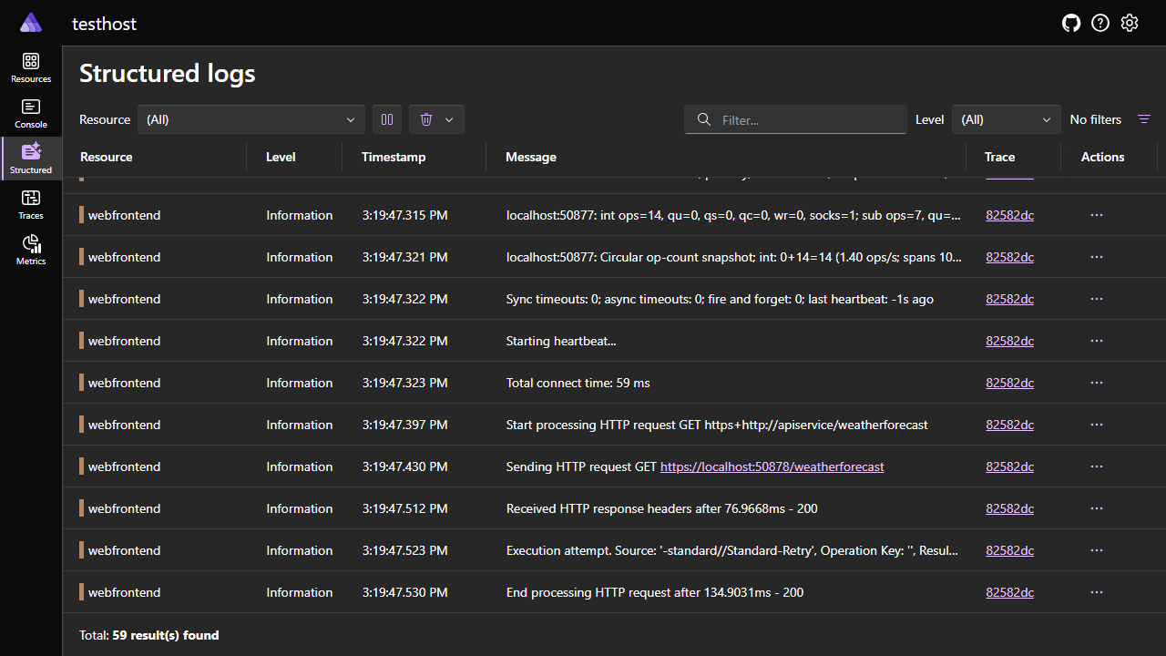 Aspire Dashboard Logs