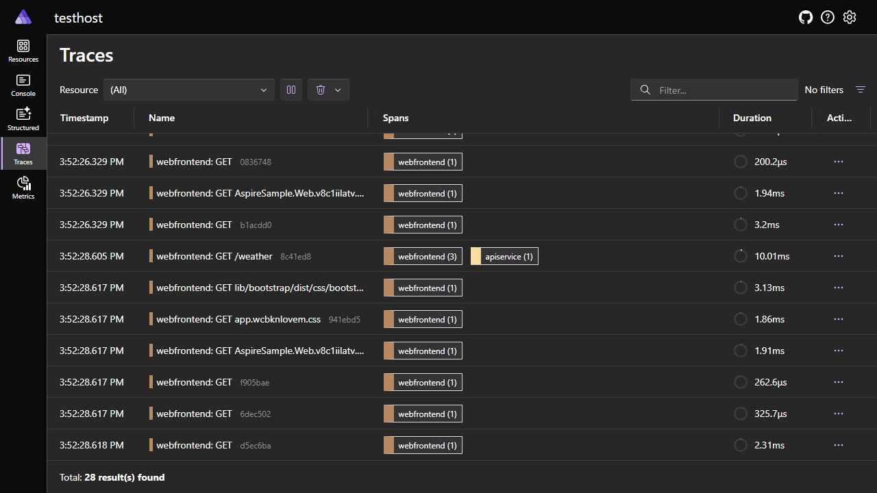 Aspire Dashboard Traces