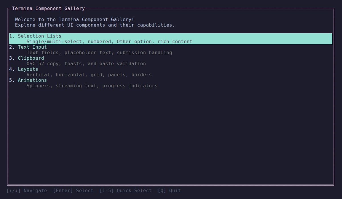 SelectionListNode demo: single-select, multi-select, and a fill-height numbered list