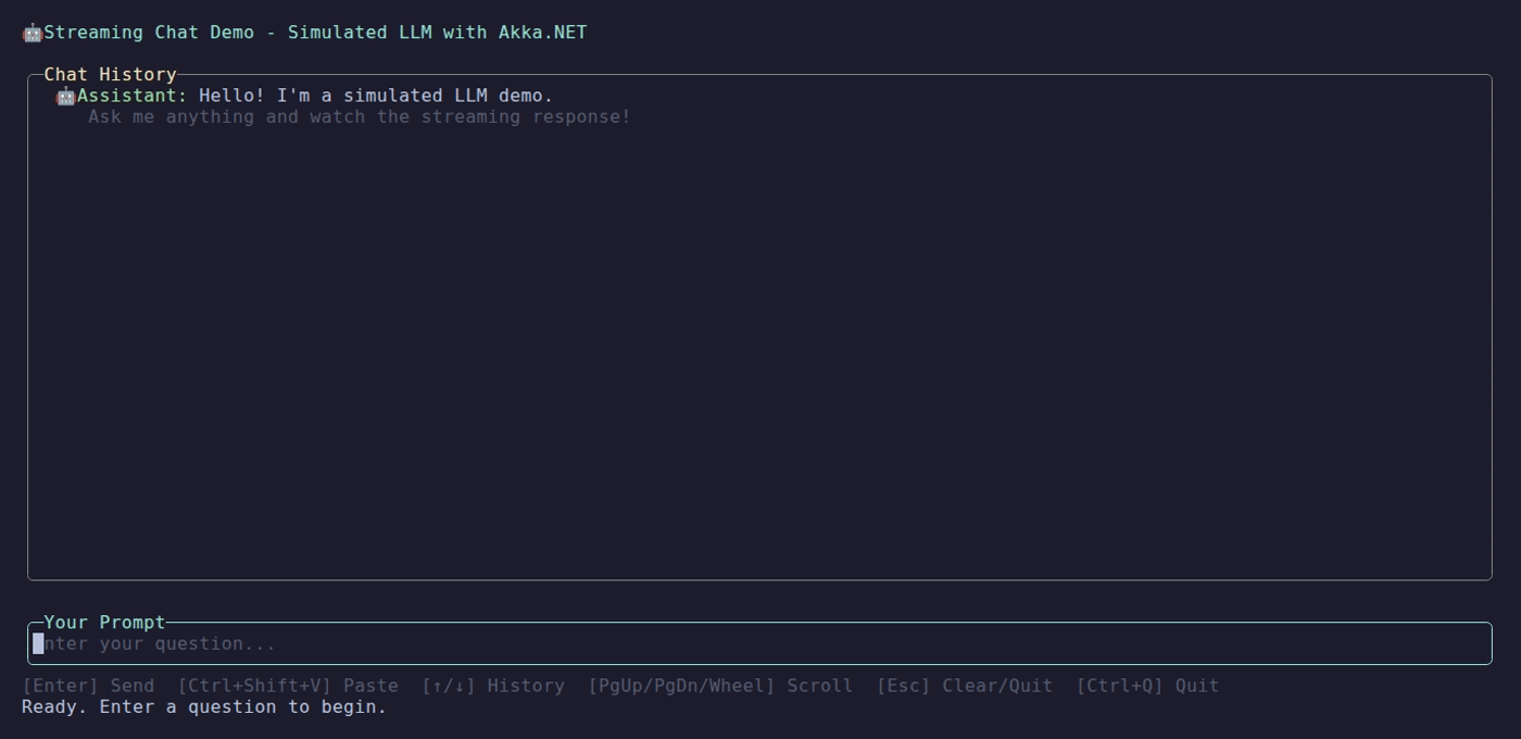 Streaming chat demo: tokens render one-by-one into a scrolling transcript
