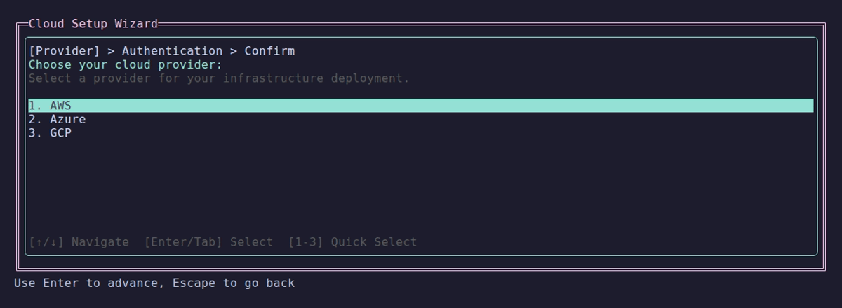 Setup wizard demo: stepping through provider selection, authentication, and confirmation